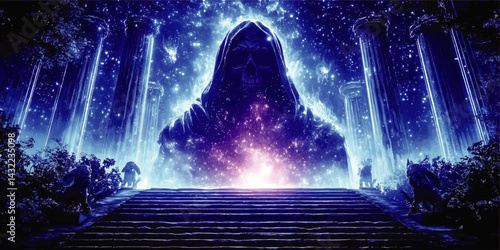 Mystical Hooded Grim Reaper Amidst Glowing Ancient Ruins Under a Starry Night Sky – Fantasy Digital Art Illustration
