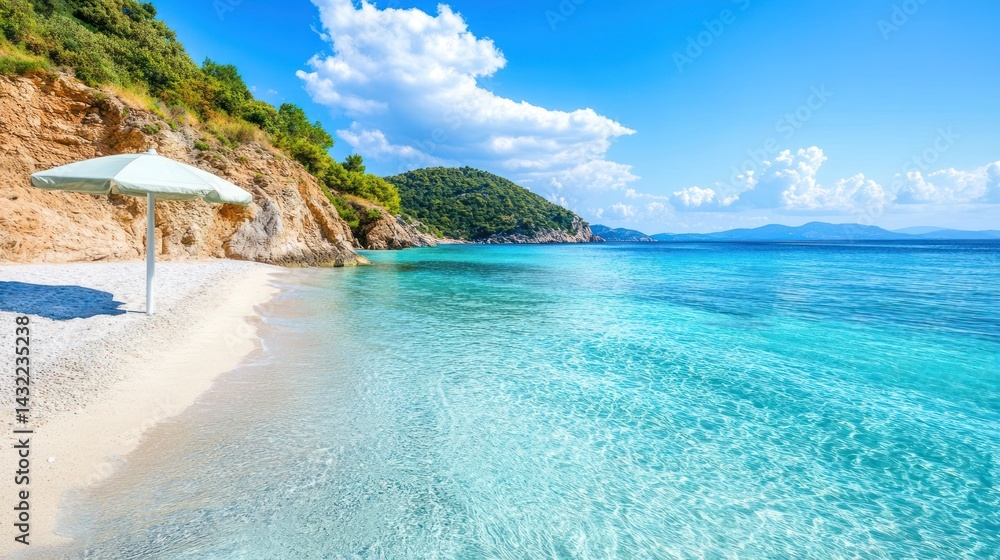 Fototapeta premium Serene tropical beach scene with azure waters and a solitary sunshade umbrella