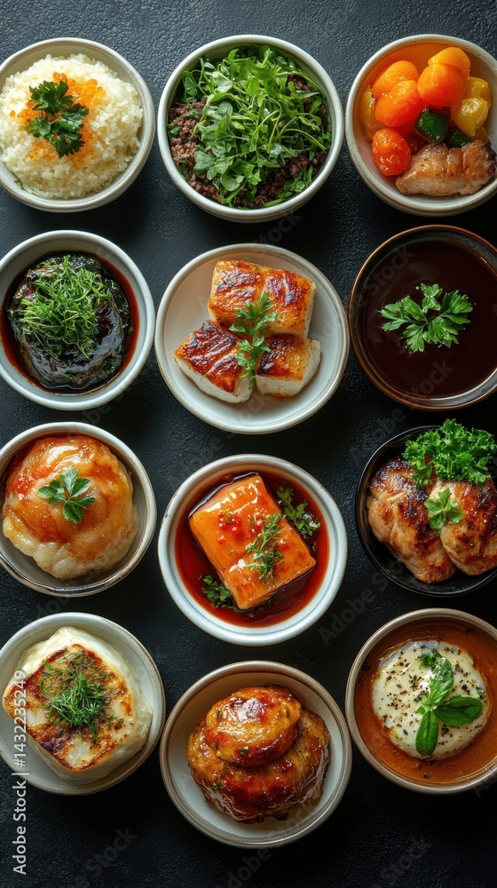 Dishes of food are arranged in small bowls on a table food background vertical background Dishes of food are arranged in small bowls on a table food background vertical background