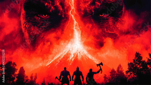 Epic Viking Warriors Facing Erupting Volcano and Fiery Demon Face – Dramatic Red Fantasy Battle Artwork Illustration