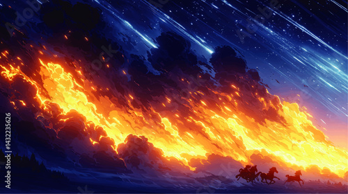 Dramatic Meteor Shower and Fiery Sky with Silhouetted Riders – Epic Digital Art Landscape for Fantasy and Adventure Themes