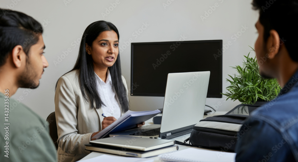 Asian female professional leading meeting with young colleagues in modern office setting Asian female professional leading meeting with young colleagues in modern office setting