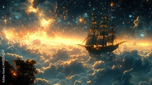 Fototapeta Naklejka Na Ścianę i Meble -  Ship sailing through a starry, cloudy sky