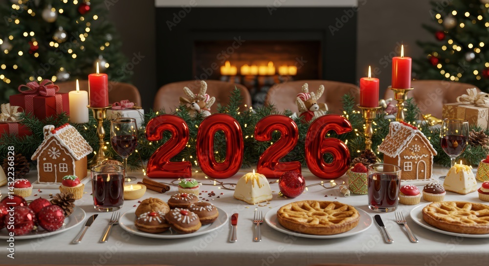 Fototapeta premium Festive 2026 New Year s Eve Dinner Table Setting with Gingerbread Houses and Christmas Decorations