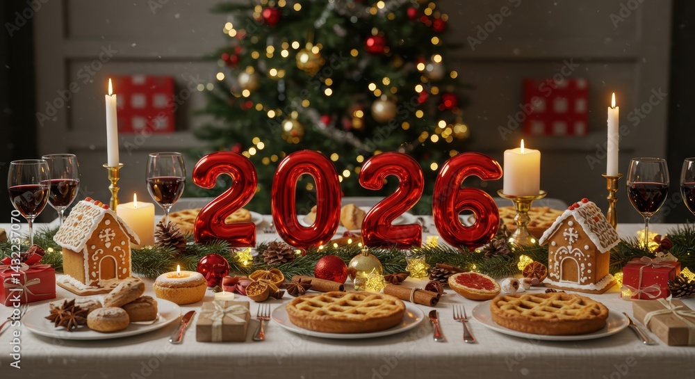 Naklejka premium Festive 2026 New Year s Eve Dinner Table Setting with Christmas Decor