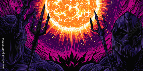Dark Fantasy Warriors Holding Tridents Beneath Fiery Sun, Vibrant Purple and Orange Comic Style Illustration