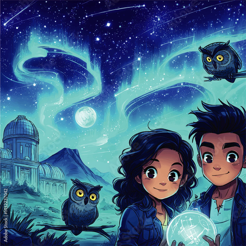 Magical Night Sky Adventure with Kids, Owls, and Observatory—Fantasy Cartoon Illustration Featuring Northern Lights and Star Gazing