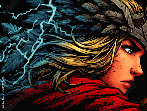 Epic Norse Warrior Woman with Feathered Helmet and Lightning, Dramatic Vector Art Portrait in Red and Blue