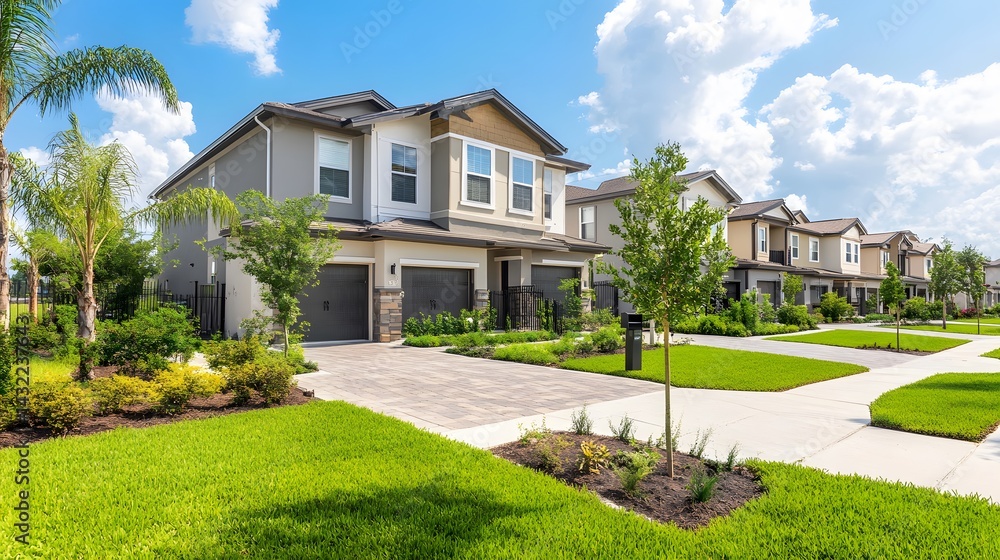 Obraz premium Two-story suburban home with manicured lawn and driveway