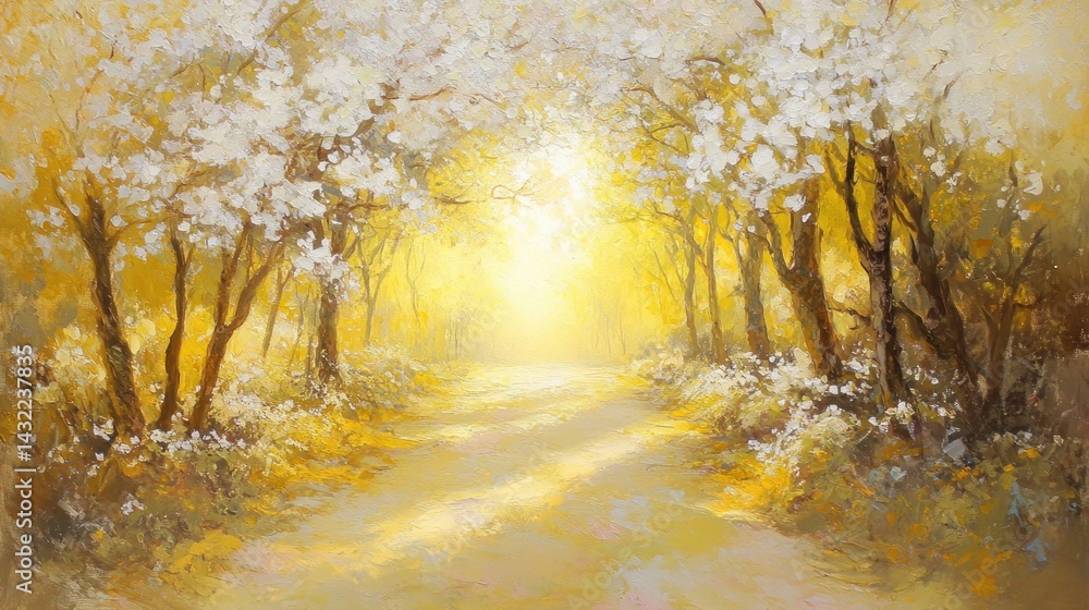 Obraz premium Golden sunlight path through a blossoming spring forest.