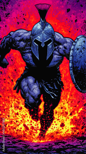 Powerful Spartan Warrior in Battle Armor Running Through Fiery Explosion – Dynamic Comic Book Style Illustration