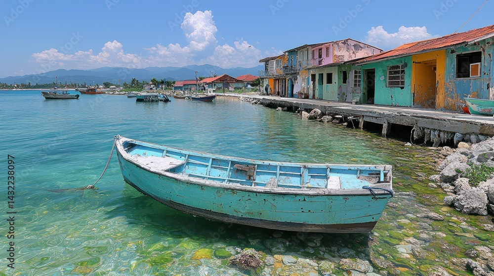 Tranquil Coastal Village Scene with Colorful Houses and a Turquoise Boat Tranquil Coastal Village Scene with Colorful Houses and a Turquoise Boat