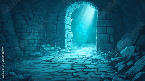 Mysterious light illuminates ancient stone pathway in dimly lit underground chamber. Wonder Chamber. Illustration