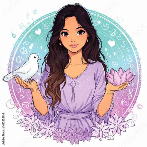 Ethereal Woman with Long Hair Holding White Dove and Lotus Flower, Surrounded by Magic Symbols and Flowers on Pastel Background
