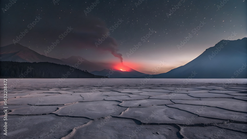The vast lava lake surrounded cracked rocks