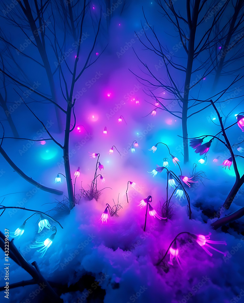 Fototapeta premium beautiful bluebells flower on the icy background, created by generative ai
