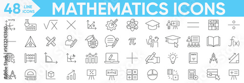 Mathematics icons set.geometry, calculator, statistics, angle, equations, academic, textbook, resources, education, Accounting, pie chart, calculation and more.Vector and illustrator set.