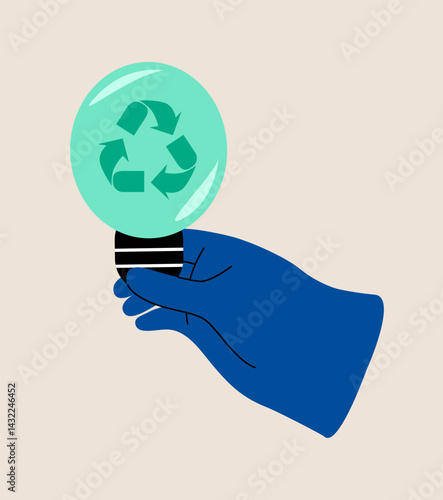 Human hand holds light bulb with recycling symbol. Sustainability concept. Colorful vector illustration