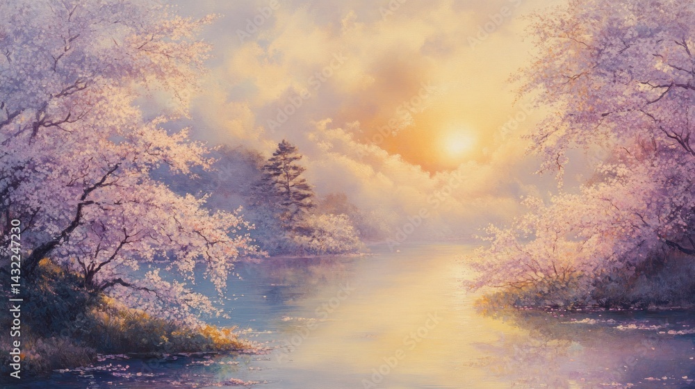 Naklejka premium Peaceful spring morning in a blossoming cherry orchard.