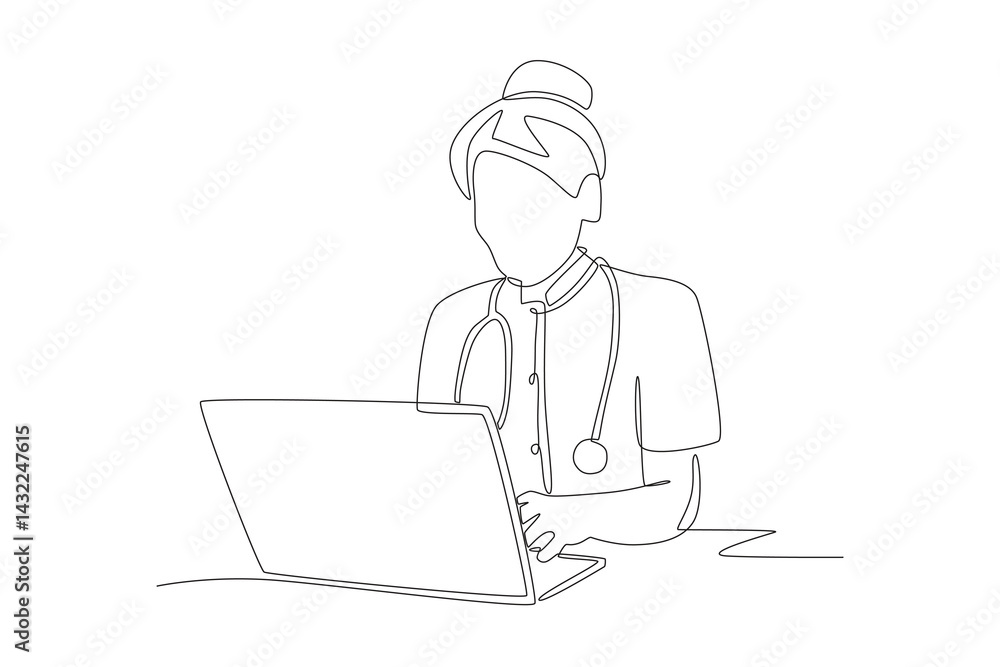 Doctor video call with patient using laptop. Telehealth concept one-line drawing Doctor video call with patient using laptop. Telehealth concept one-line drawing