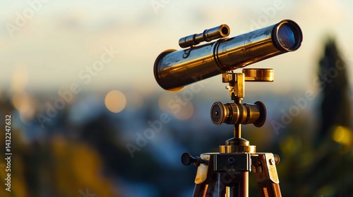Antique telescope sunset city viewing