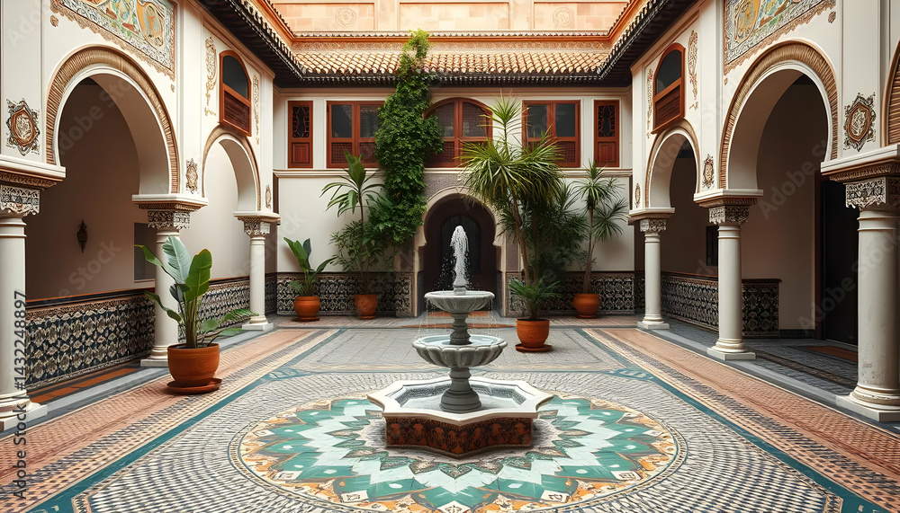 Obraz premium Elegant Courtyard with Ornate Architecture and Central Fountain Surrounded by Lush Greenery