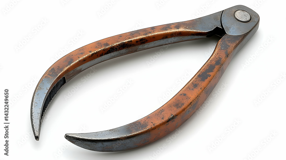 Worn metal pliers with rust patina, curved jaws, and central piv Worn metal pliers with rust patina, curved jaws, and central piv
