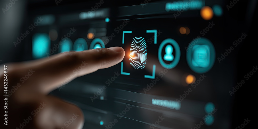 Fototapeta premium hand is pointing at digital screen with biometric fingerprint scanning technology