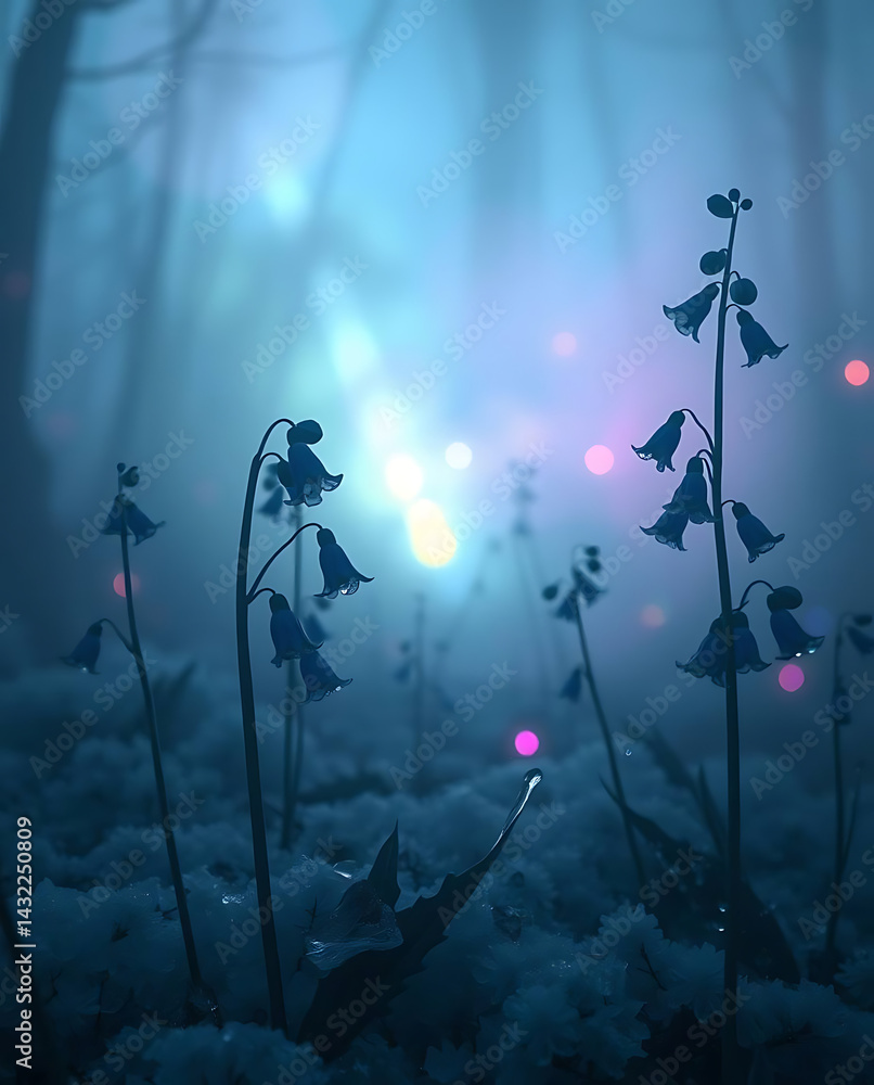 Fototapeta premium beautiful bluebells flower on the icy background, created by generative ai