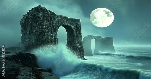 Serene coastal landscape featuring ancient stone arches under a full moon with turbulent waves