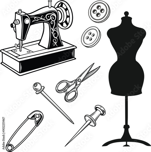 Sewing Tools Set, Needle, Scissors, Sewing Machine, Fashion Icon