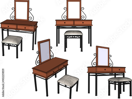 vector sketch illustration of old classic vintage ethnic dressing table furniture design with decorative mirror for dressing up  