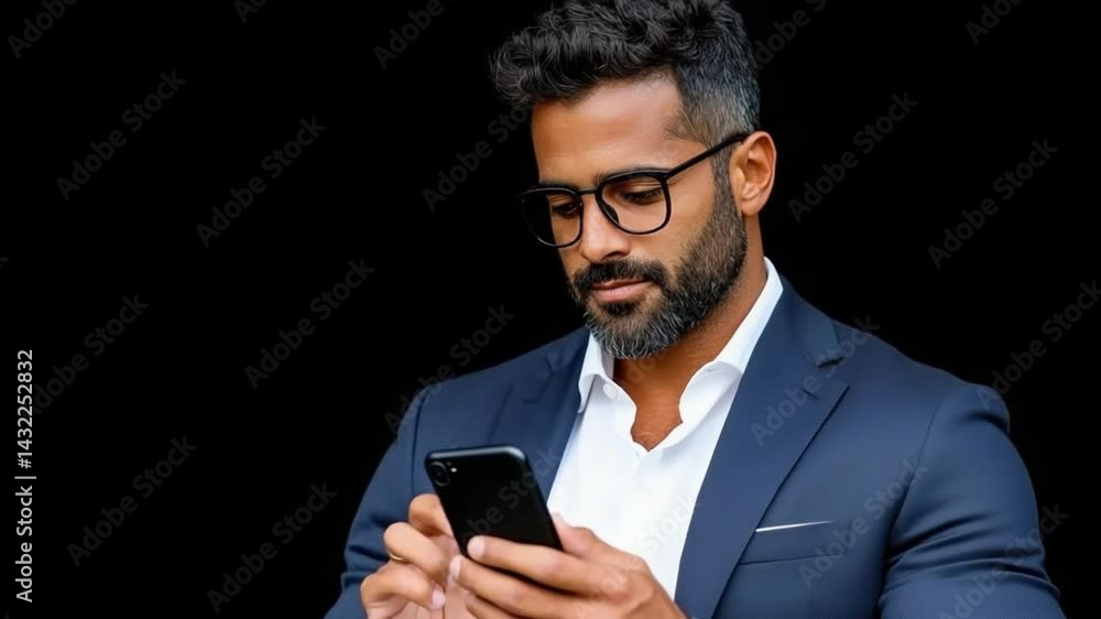 Confident Businessman Using Smartphone in Formal Attire with Stylish Glasses Against Black Background Confident Businessman Using Smartphone in Formal Attire with Stylish Glasses Against Black Background