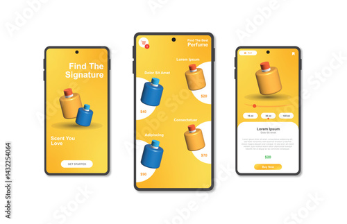 Application for buying perfume. Collection of online perfume shop interface templates. Responsive GUI for mobile applications. Vector illustration