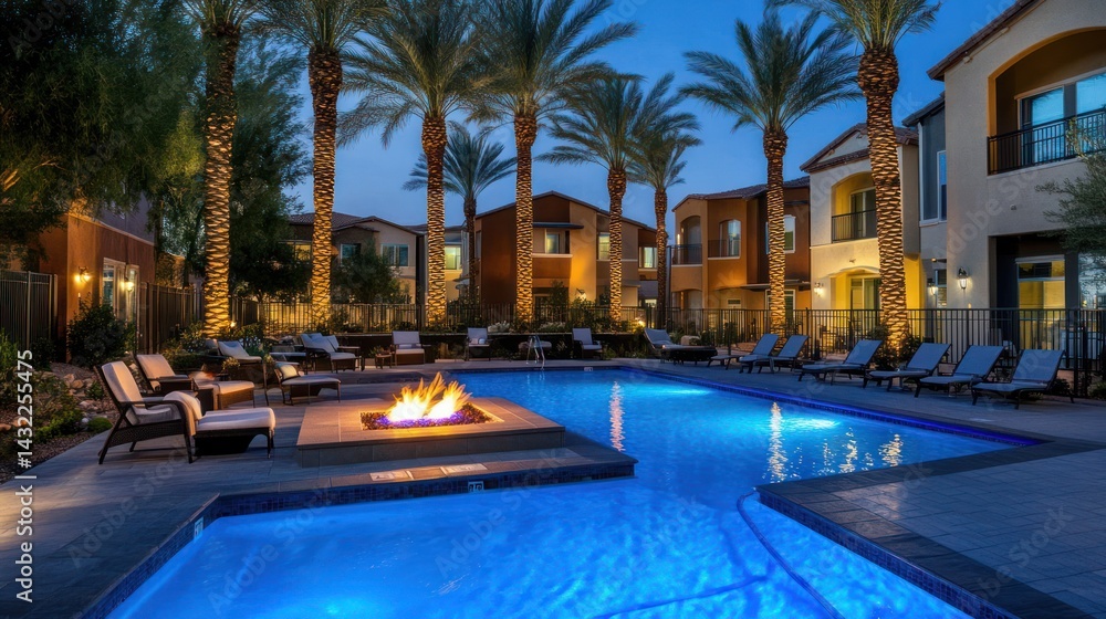 Fototapeta premium Desert resort pool at twilight, fire pit, palm trees