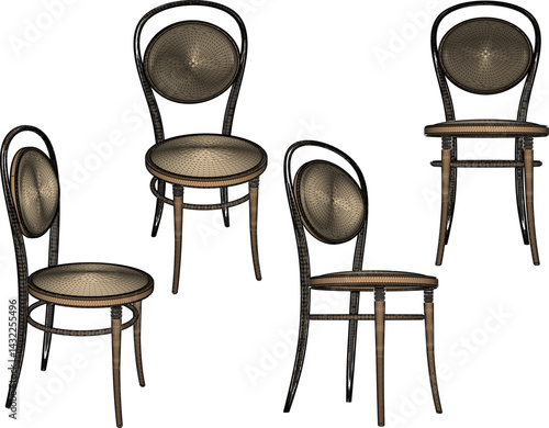 vector sketch illustration of wooden dining room chair design with modern abstract ethnic traditional design