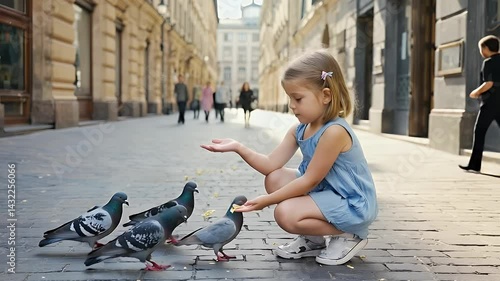 Child feeding pigeons in a city street