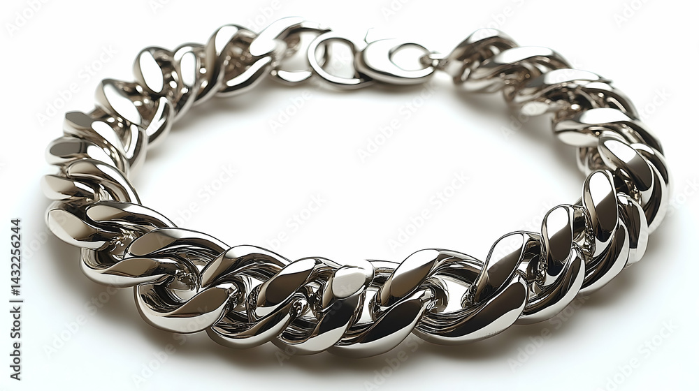 Fototapeta premium Gleaming Silver Curb Chain Bracelet on White Background, Studio