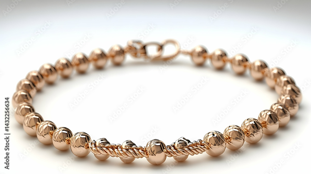 Obraz premium Rose Gold Beaded Bracelet with Twisted Wire Detail on White Back