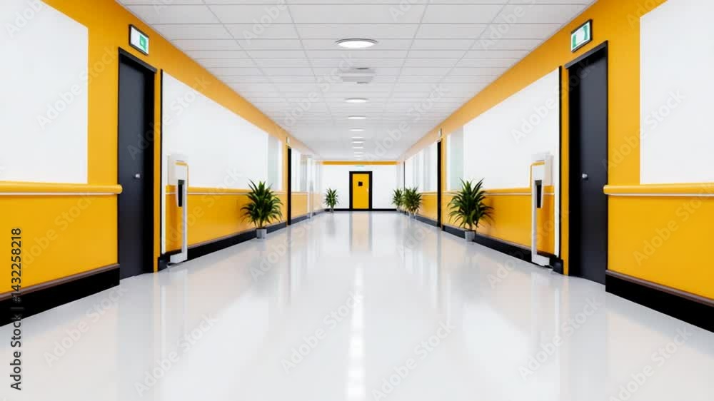 Bright and Modern Corridor with Yellow Accents and Green Plants in a Contemporary Building Interior Bright and Modern Corridor with Yellow Accents and Green Plants in a Contemporary Building Interior