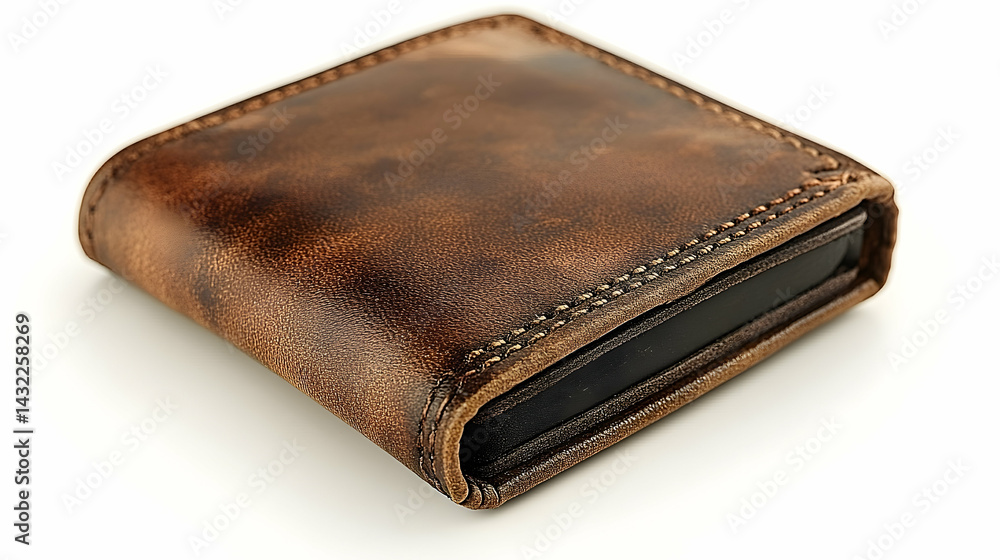 Detailed Close-Up of a Brown Leather Wallet on White Background Detailed Close-Up of a Brown Leather Wallet on White Background