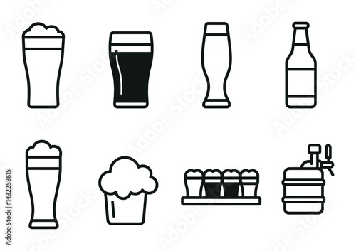Craft beer icon set in outline style – brewery, pub, and drink symbols for menu design: beer glass, pint, bottle, foam, keg, beer flight, tap, cup.