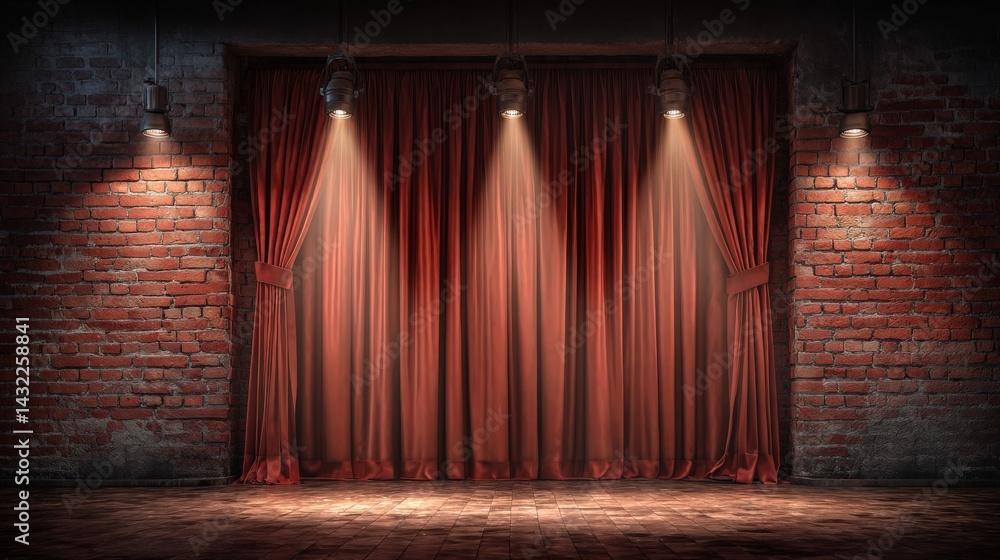 Fototapeta premium A dimly lit stage with red curtains and exposed brick walls, creating an atmosphere of anticipation and creativity.