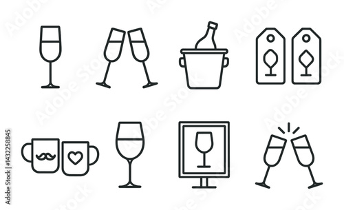 Wine & celebration linear icon set – outline style party, vineyard, and tasting symbols for event planning: wine glass, champagne, ice bucket, price tags, mugs, toast.
