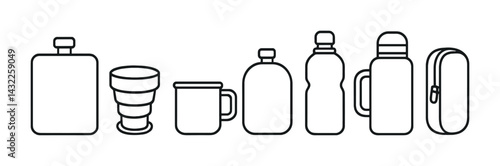 Outdoor and camping line icons set – outline style for adventure and travel essentials: flask, collapsible cup, mug, water bottle, canteen, thermos, pouch