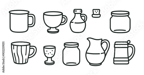 Kitchenware line icons set – outline style cooking, dining, and beverage utensils for culinary design: mug, cup, saucer, salt shaker, jar, pitcher, goblet, pot
