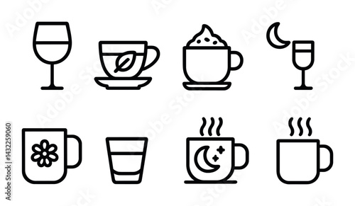 Drink and beverage icons set – outline style coffee, tea, and wine symbols for refreshments: wine glass, teacup, coffee mug, cocktail, espresso cup, milk glass, moon mug, flower mug