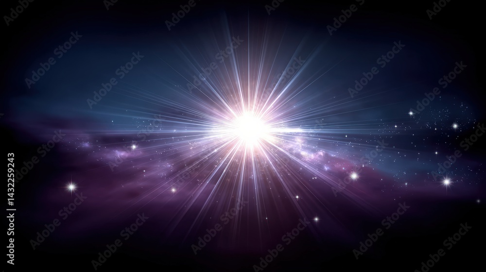Fototapeta premium A radiant burst of light emerges from a cosmic backdrop, filled with stars and nebulae, creating a stunning celestial scene.