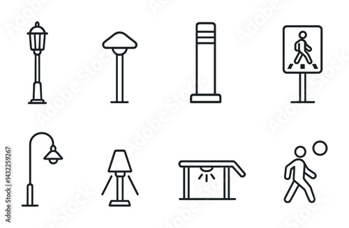 Urban street lighting icon set – outline style for city planning, infrastructure, and public safety: street lamp, pedestrian sign, bollard, walkway light, traffic signal, lamp post.