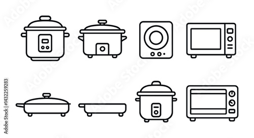 Kitchen appliances outline icon set – modern cooking, food prep, and electric gadget symbols for culinary design: slow cooker, rice cooker, electric stove, microwave, griddle, oven.